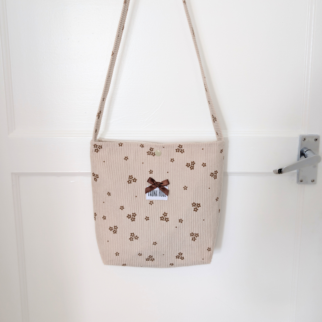 Cream & Brown Floral Mini Corduroy Tote Bag