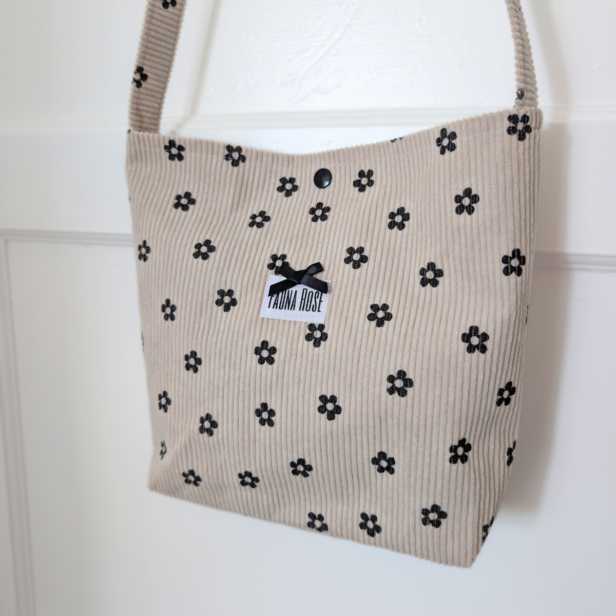 Cream & Black Floral Mini Corduroy Tote Bag
