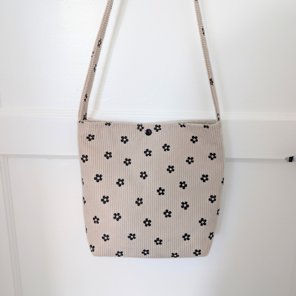 Cream & Black Floral Mini Corduroy Tote Bag