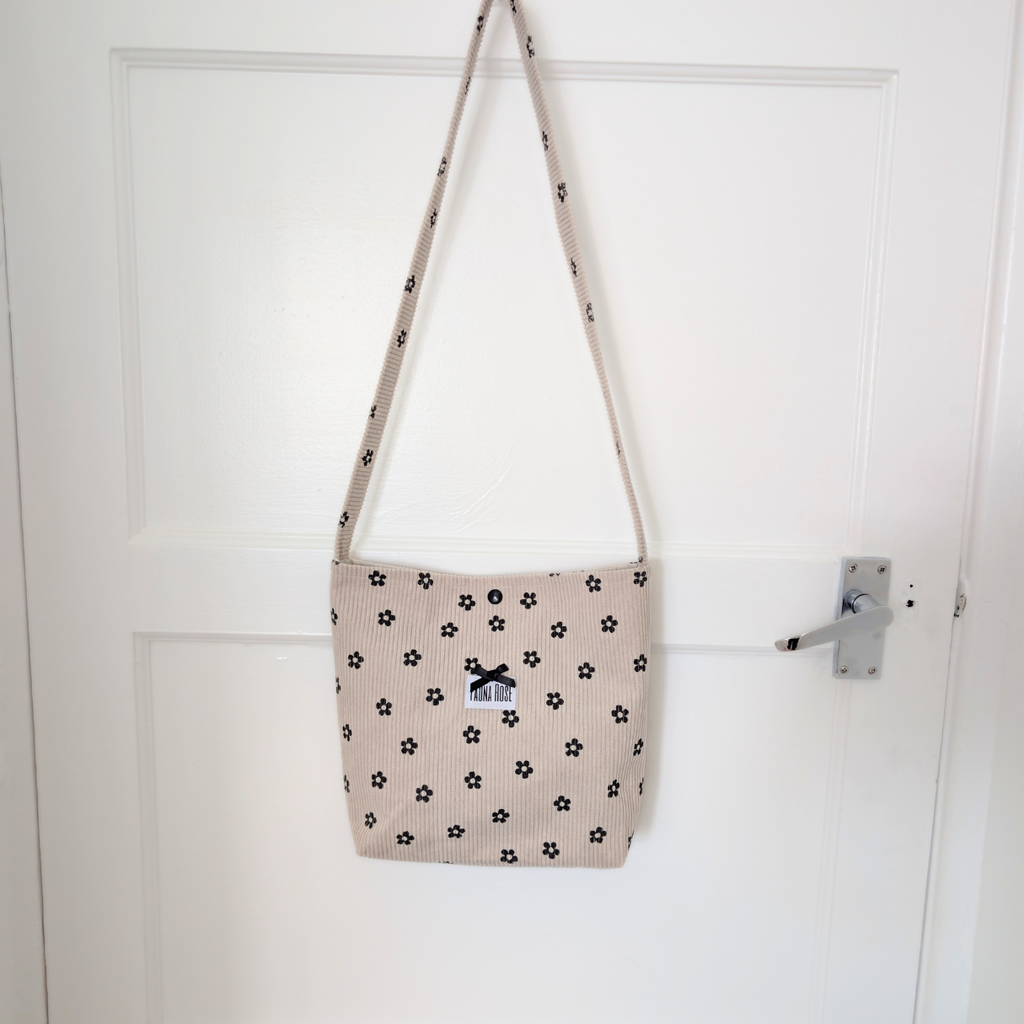 Cream & Black Floral Mini Corduroy Tote Bag