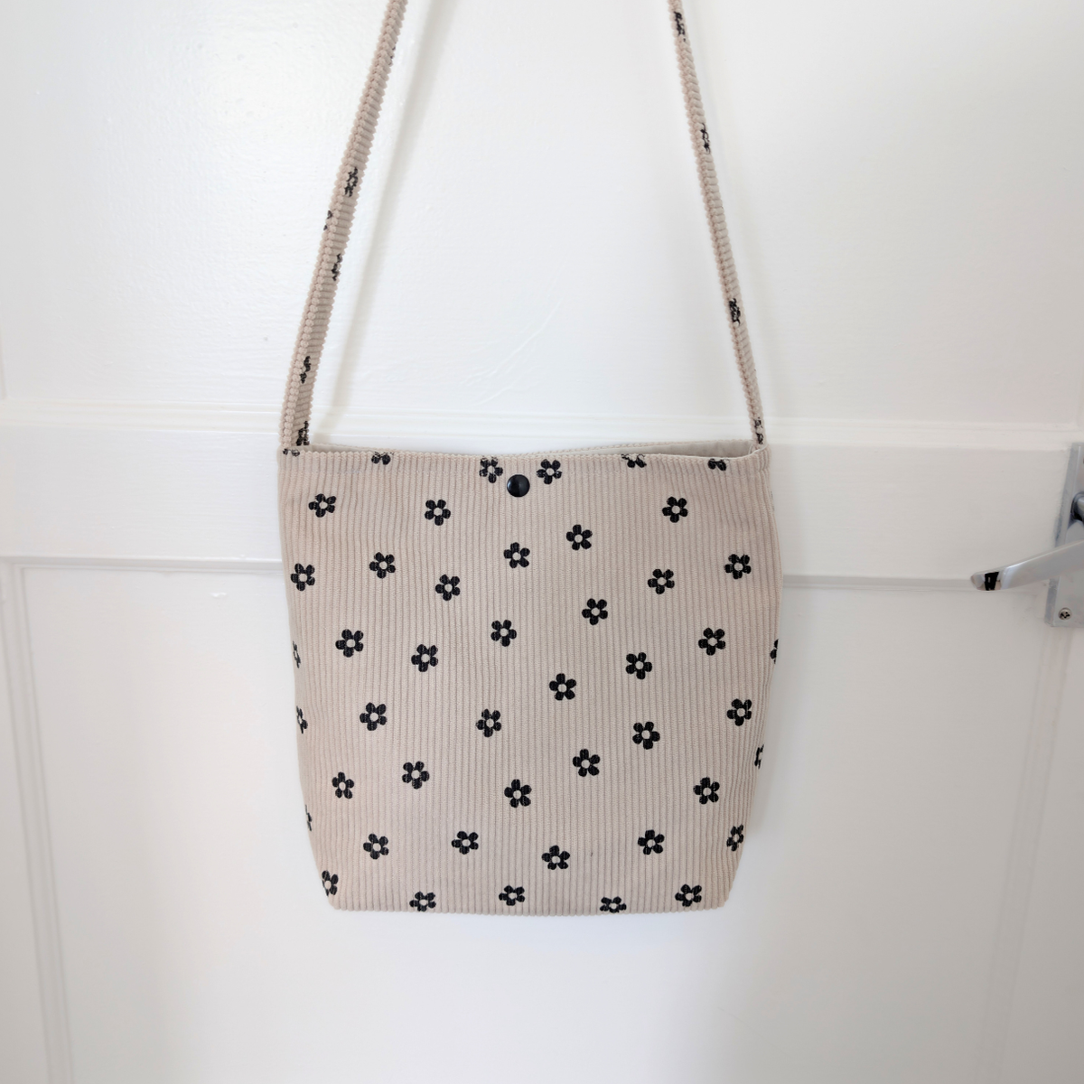 Cream & Black Floral Mini Corduroy Tote Bag