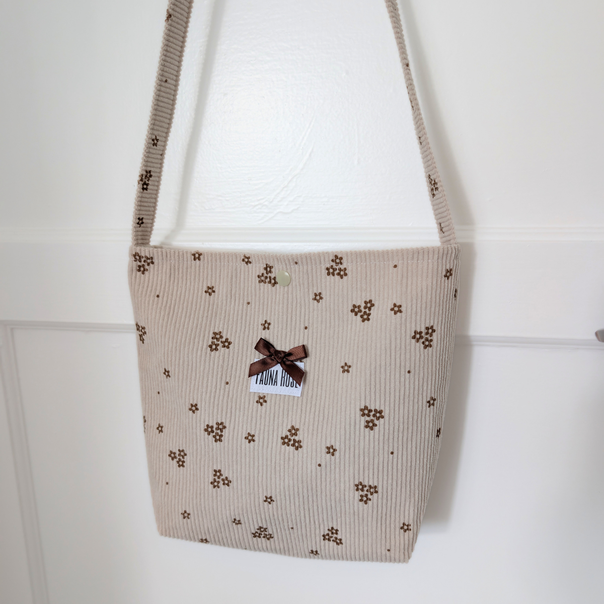 Cream & Brown Floral Mini Corduroy Tote Bag