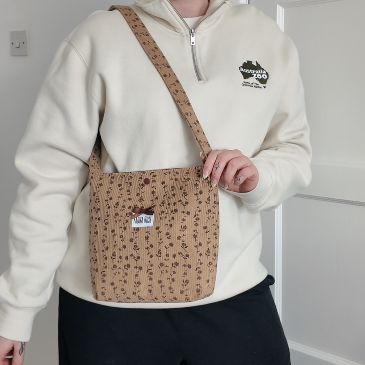 Brown Floral Mini Corduroy Tote Bag