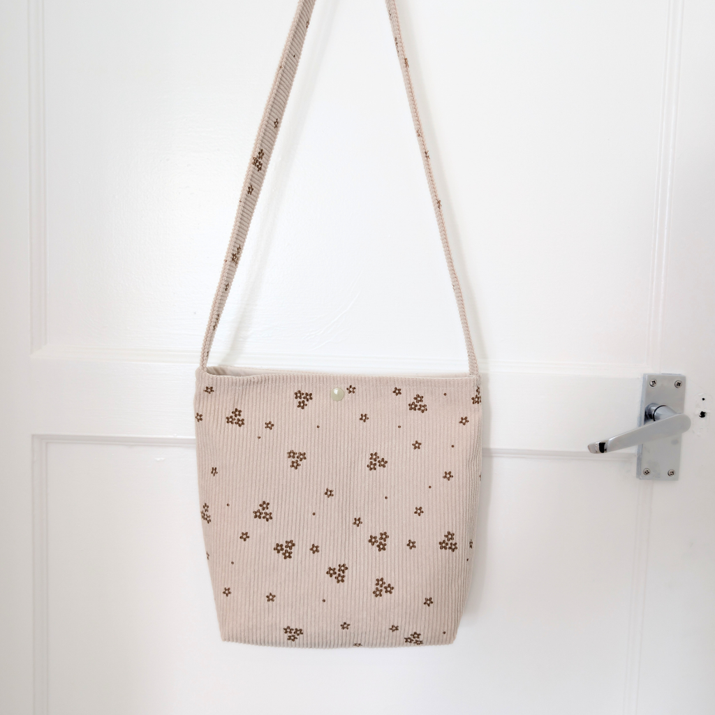 Cream & Brown Floral Mini Corduroy Tote Bag