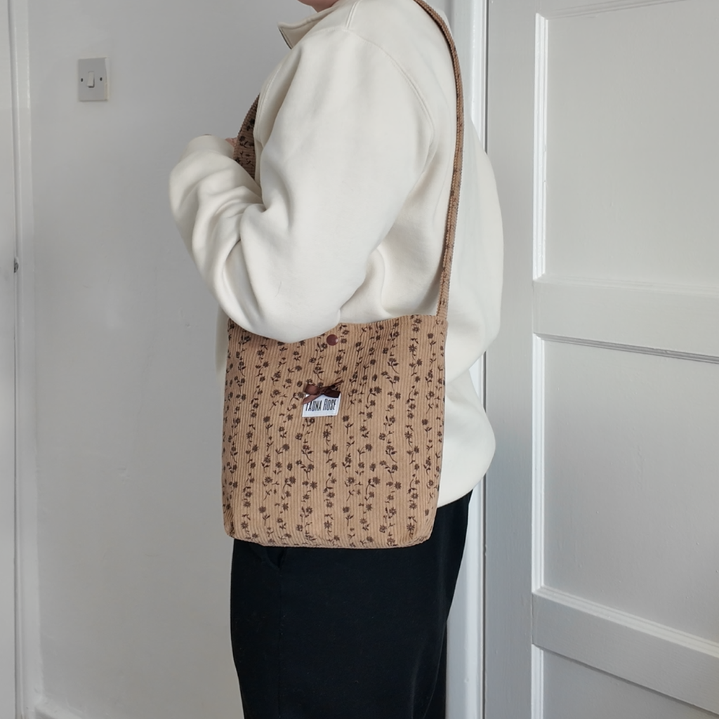 Brown Floral Mini Corduroy Tote Bag