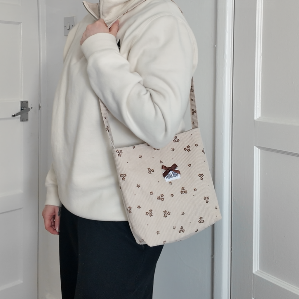 Cream & Brown Floral Mini Corduroy Tote Bag