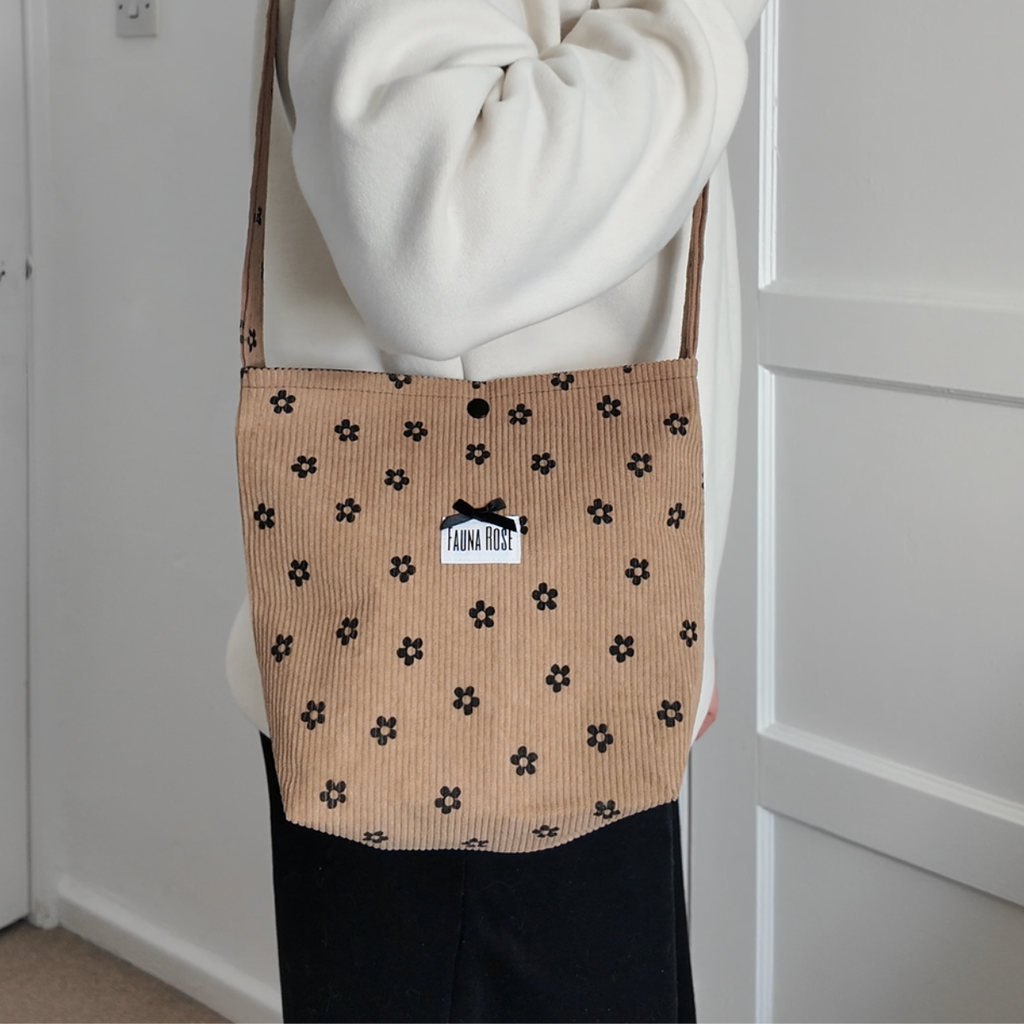 Brown & Black Floral Mini Corduroy Tote Bag