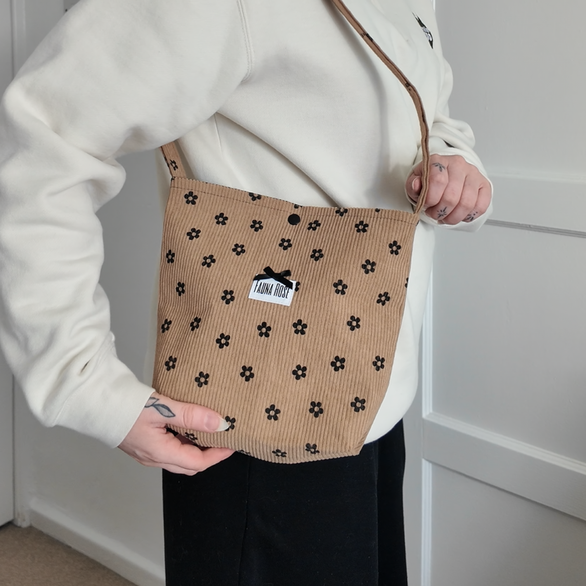 Brown & Black Floral Mini Corduroy Tote Bag