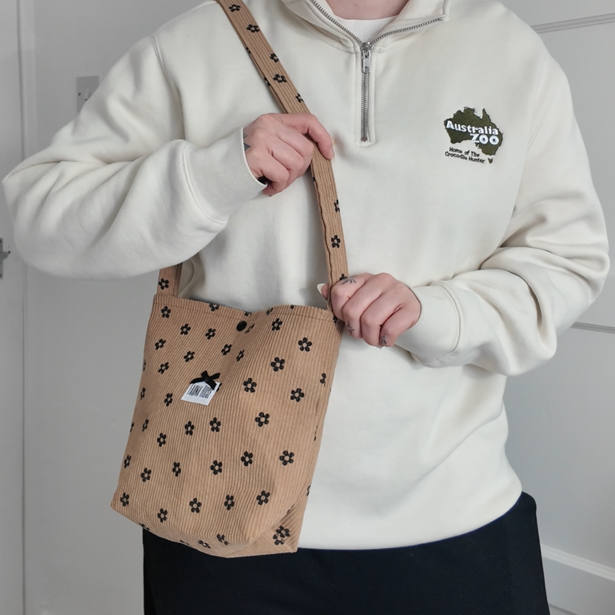 Brown & Black Floral Mini Corduroy Tote Bag
