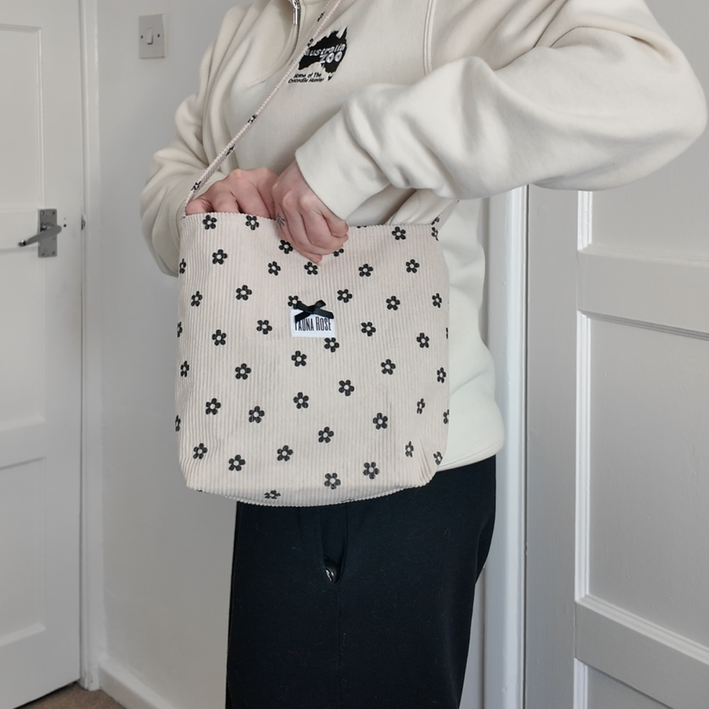 Cream & Black Floral Mini Corduroy Tote Bag