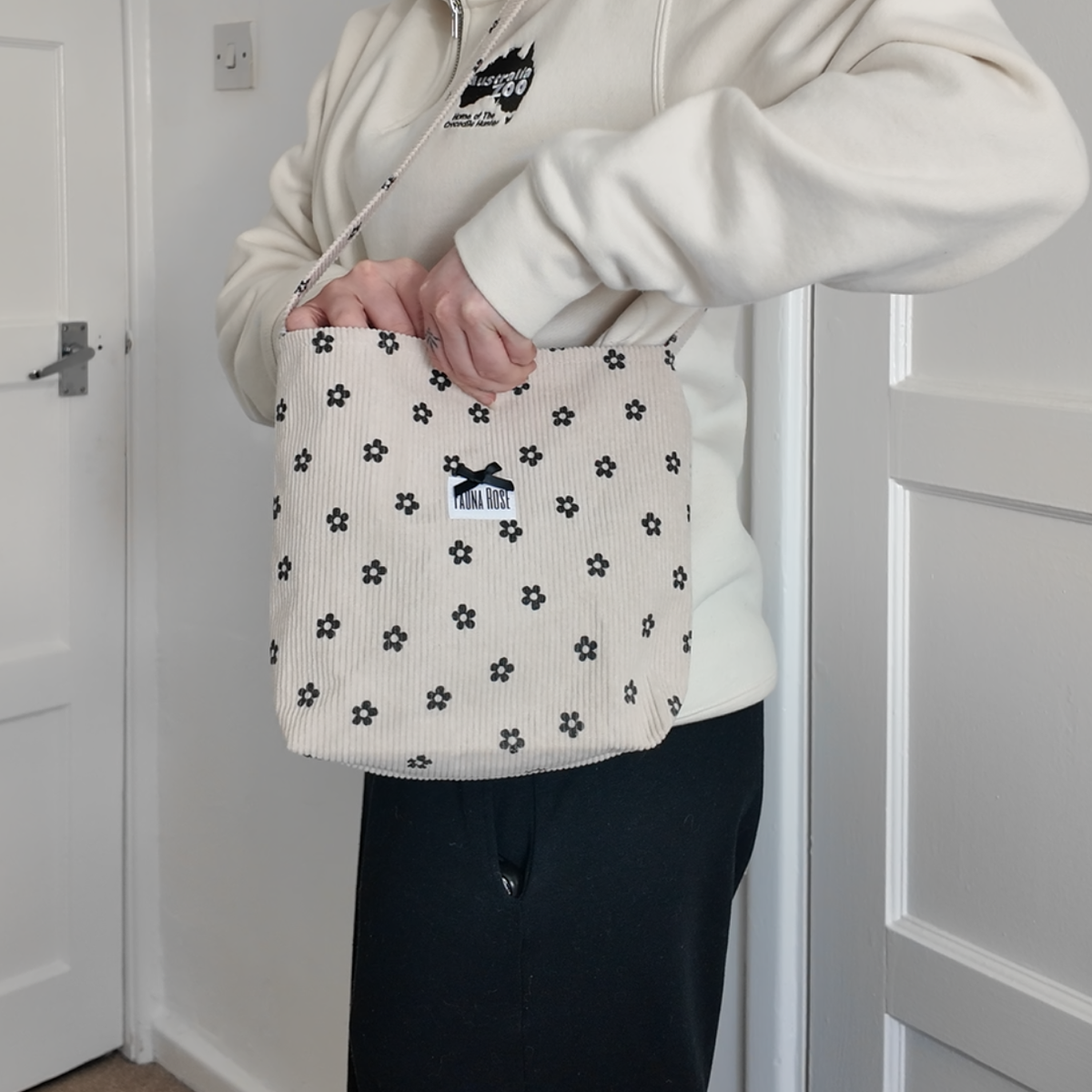 Cream & Black Floral Mini Corduroy Tote Bag