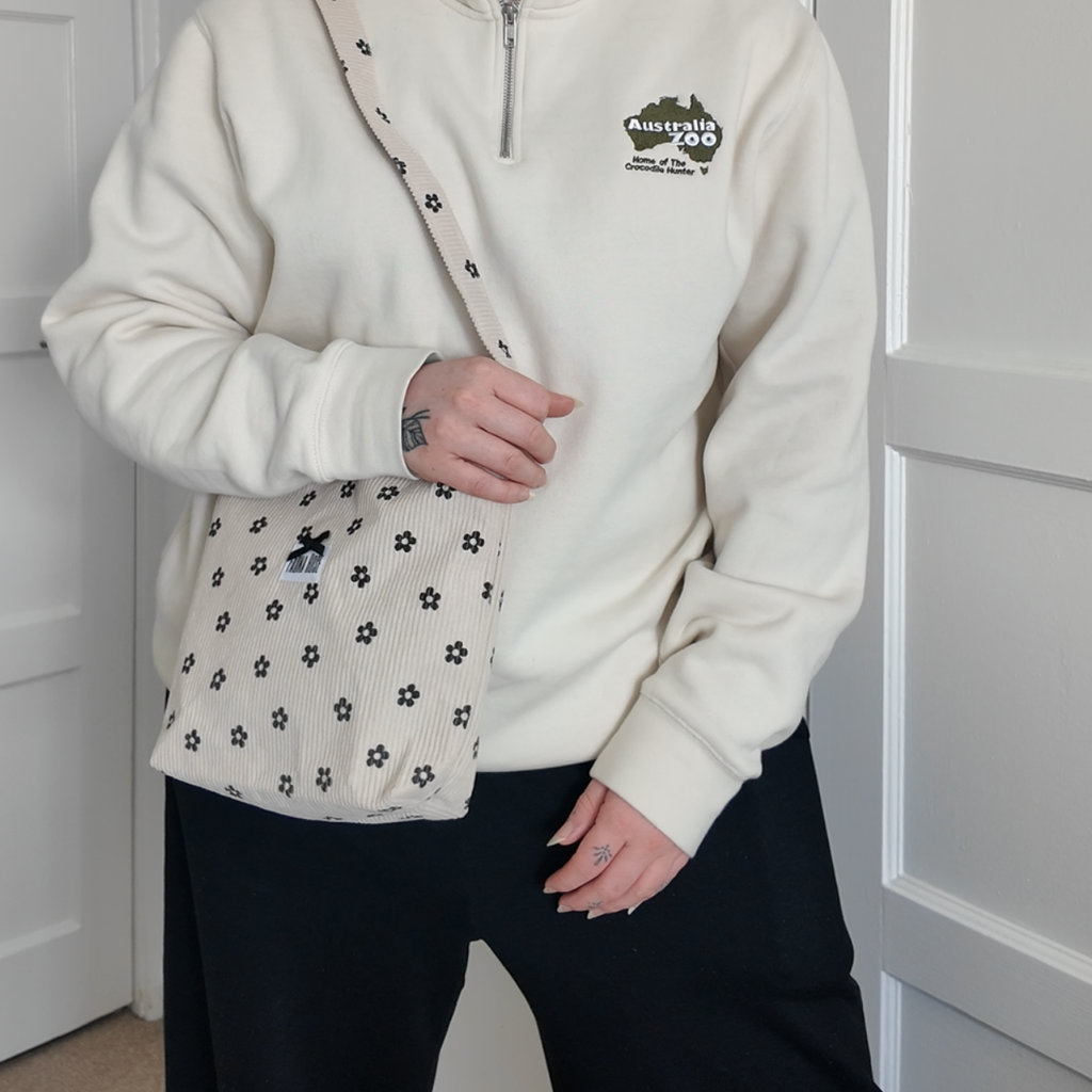 Cream & Black Floral Mini Corduroy Tote Bag