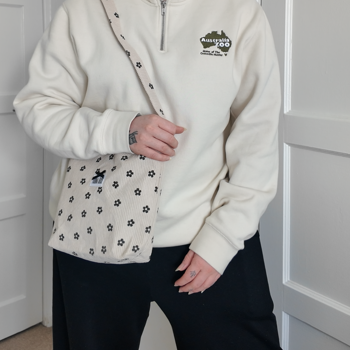 Cream & Black Floral Mini Corduroy Tote Bag